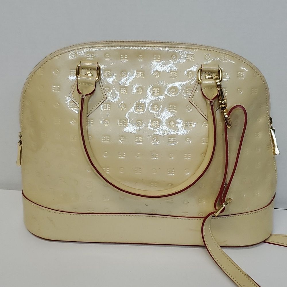 Beige Arcadia Genuine Patent Leather Shoulder Crossbody Bag Top Zip